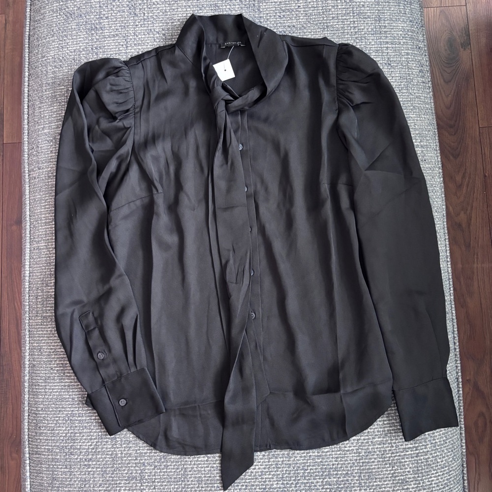 Ann Taylor NWT Black Full Button Front w/ Bow and Puff Shoulder Blouse | Sz 4